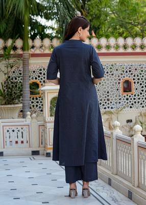 women's kantha stripe a-line kurta & pant set (blue) 3
