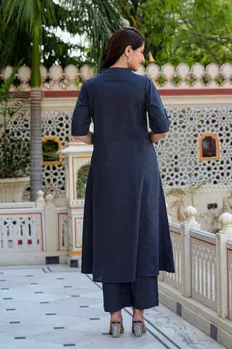  women's kantha stripe a-line kurta & pant set (blue)