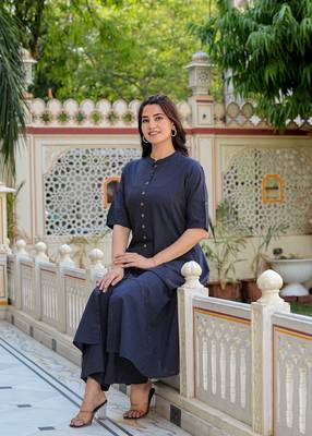  women's kantha stripe a-line kurta & pant set (blue) 4