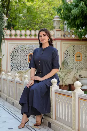  women's kantha stripe a-line kurta & pant set (blue)