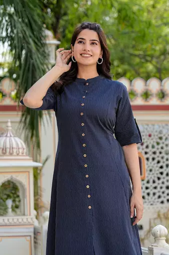  women's kantha stripe a-line kurta & pant set (blue)