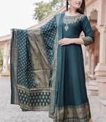 Green gold printed anarkali kurta with dupatta set