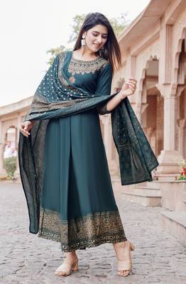 Green gold printed anarkali kurta with dupatta set 5