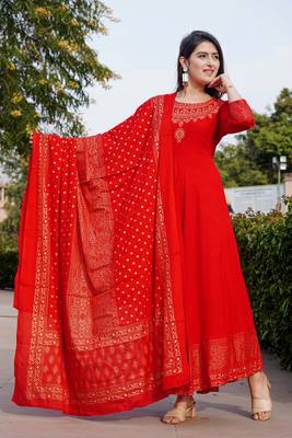 Red gold printed anarkali kurta with dupatta set 1