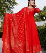 Red gold printed anarkali kurta with dupatta set