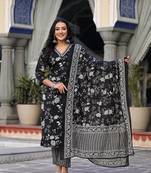 Black Floral Print Indian Straight Salwar Kameez Kurti Pant Dupatta Set for Women