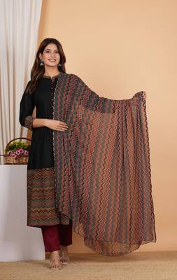  women's rayon zig-zag printed regular fitted black a-line kurta with zig-zag printed dupatta 1