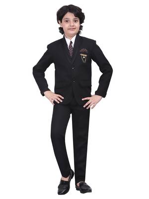 Boys kids cotton blend 5 piece coat pant solid suit set - black 1