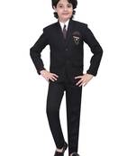 Boys kids cotton blend 5 piece coat pant solid suit set - black