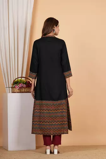  women's rayon zig-zag printed regular fitted black a-line kurta with zig-zag printed dupatta