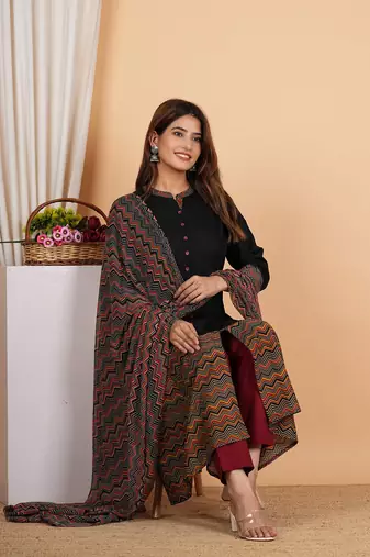  women's rayon zig-zag printed regular fitted black a-line kurta with zig-zag printed dupatta