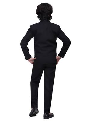Boys kids cotton blend 5 piece coat pant solid suit set - black 2