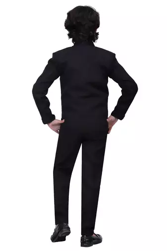 Boys kids cotton blend 5 piece coat pant solid suit set - black