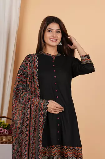  women's rayon zig-zag printed regular fitted black a-line kurta with zig-zag printed dupatta