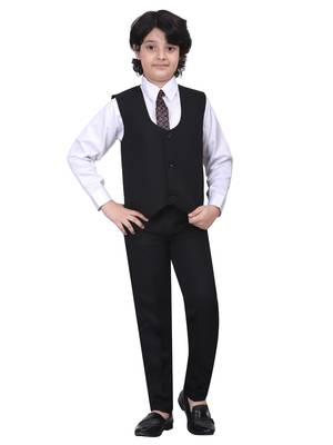 Boys kids cotton blend 5 piece coat pant solid suit set - black 3