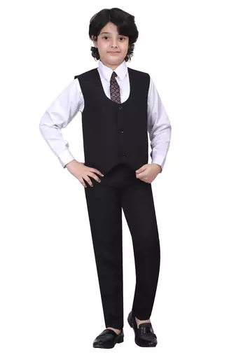 Boys kids cotton blend 5 piece coat pant solid suit set - black
