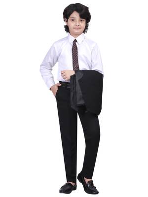 Boys kids cotton blend 5 piece coat pant solid suit set - black 4