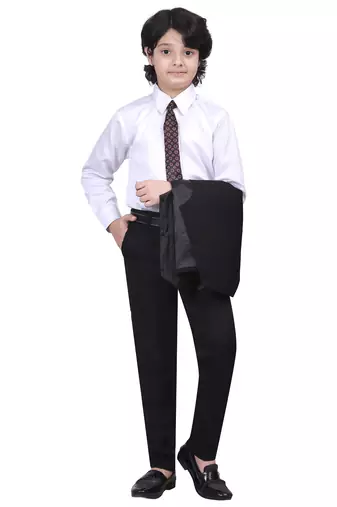 Boys kids cotton blend 5 piece coat pant solid suit set - black