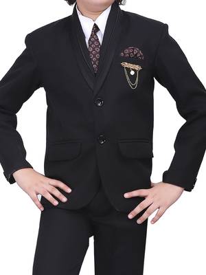 Boys kids cotton blend 5 piece coat pant solid suit set - black 5