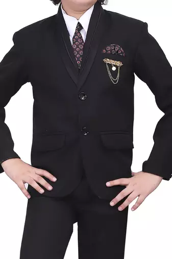 Boys kids cotton blend 5 piece coat pant solid suit set - black