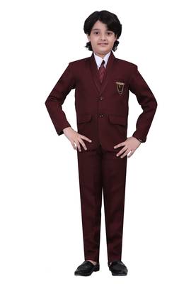 Boys kids cotton blend 5 piece coat pant solid suit set - maroon 1