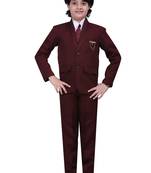 Boys kids cotton blend 5 piece coat pant solid suit set - maroon