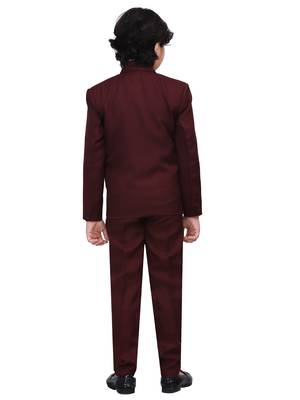Boys kids cotton blend 5 piece coat pant solid suit set - maroon 2