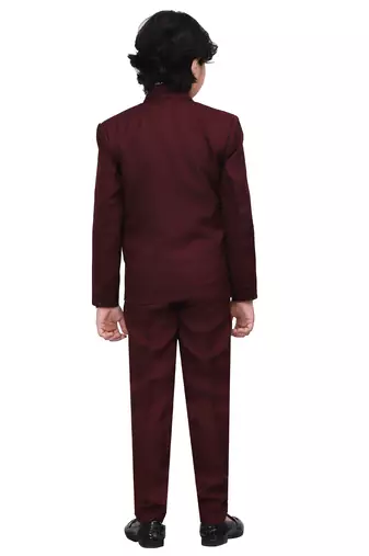 Boys kids cotton blend 5 piece coat pant solid suit set - maroon