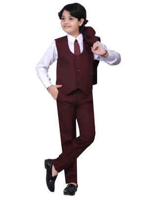 Boys kids cotton blend 5 piece coat pant solid suit set - maroon 3