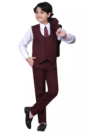 Boys kids cotton blend 5 piece coat pant solid suit set - maroon
