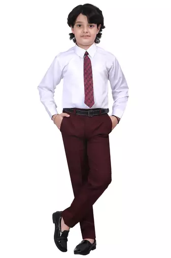 Boys kids cotton blend 5 piece coat pant solid suit set - maroon