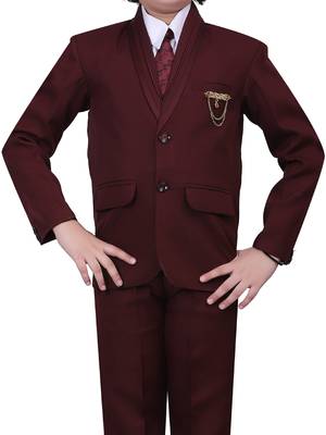 Boys kids cotton blend 5 piece coat pant solid suit set - maroon 5