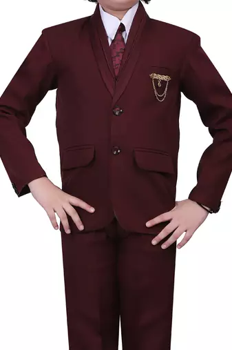 Boys kids cotton blend 5 piece coat pant solid suit set - maroon
