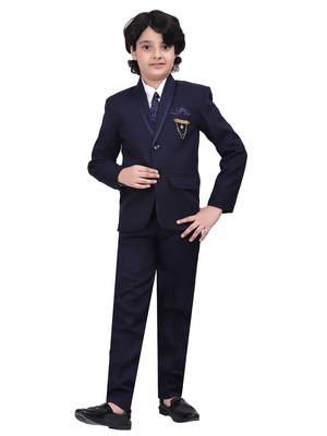 Boys kids cotton blend 5 piece coat pant solid suit set - navy blue 1