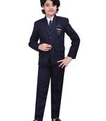 Boys kids cotton blend 5 piece coat pant solid suit set - navy blue