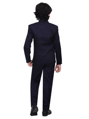 Boys kids cotton blend 5 piece coat pant solid suit set - navy blue 2