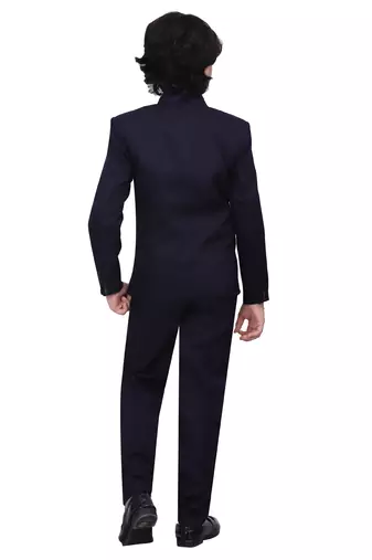 Boys kids cotton blend 5 piece coat pant solid suit set - navy blue