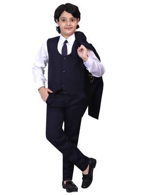 Boys kids cotton blend 5 piece coat pant solid suit set - navy blue 3