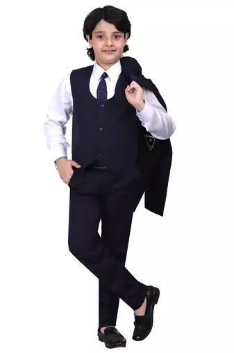 Boys kids cotton blend 5 piece coat pant solid suit set - navy blue