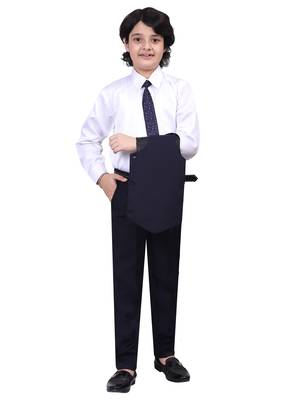 Boys kids cotton blend 5 piece coat pant solid suit set - navy blue 4