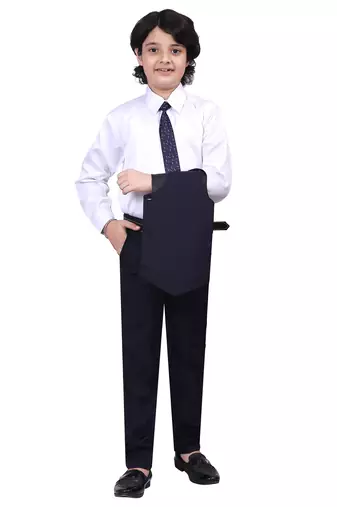 Boys kids cotton blend 5 piece coat pant solid suit set - navy blue