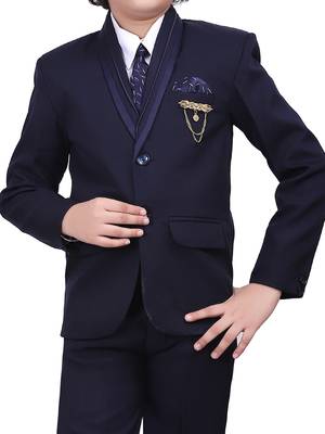 Boys kids cotton blend 5 piece coat pant solid suit set - navy blue 5