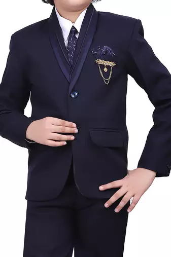 Boys kids cotton blend 5 piece coat pant solid suit set - navy blue