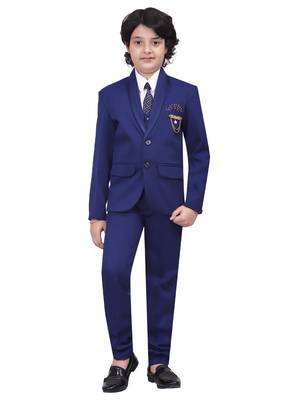 Boys kids cotton blend 5 piece coat pant solid suit set - royal blue 1