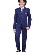 Boys kids cotton blend 5 piece coat pant solid suit set - royal blue