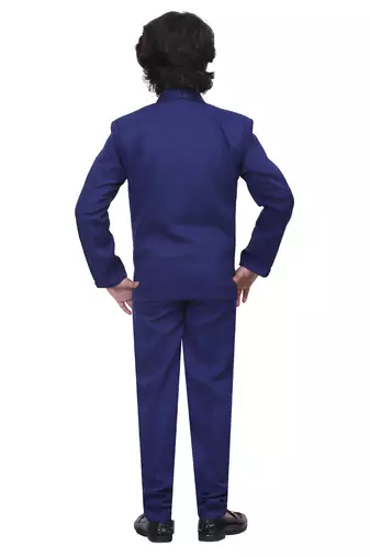 Boys kids cotton blend 5 piece coat pant solid suit set - royal blue