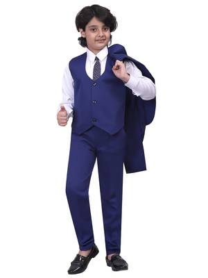 Boys kids cotton blend 5 piece coat pant solid suit set - royal blue 3