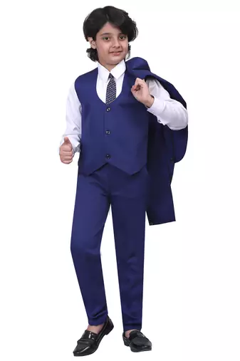 Boys kids cotton blend 5 piece coat pant solid suit set - royal blue