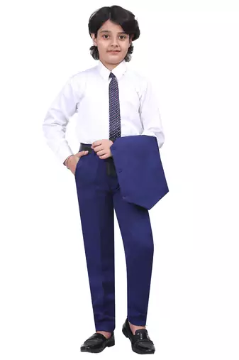 Boys kids cotton blend 5 piece coat pant solid suit set - royal blue