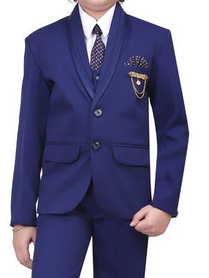 Boys kids cotton blend 5 piece coat pant solid suit set - royal blue 5